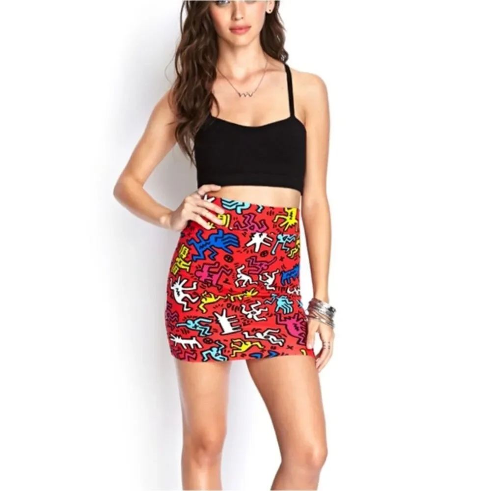 KEITH HARING X FOREVER 21 RED ELASTIC MINI SKIRT MONOGRAM